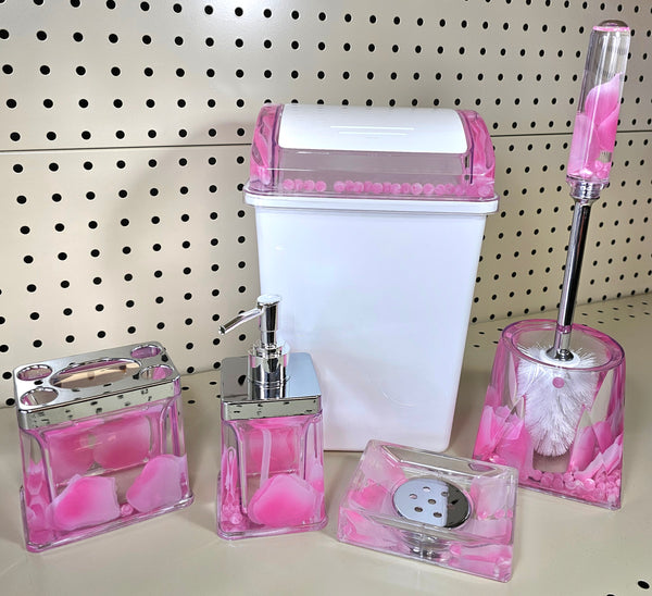 3D Floating Acrylic 5PC Motion Bathroom Vanity Accessory Set Pink Rose Pedal - FREE SHIPPING!