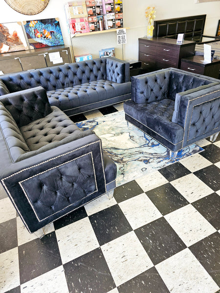 3PC Button Tufted Sofa, Loveseat & Chair - BLUE VELVET