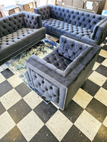 3PC Button Tufted Sofa, Loveseat & Chair - BLUE VELVET
