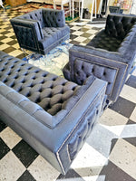 3PC Button Tufted Sofa, Loveseat & Chair - BLUE VELVET