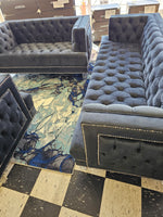 3PC Button Tufted Sofa, Loveseat & Chair - BLUE VELVET