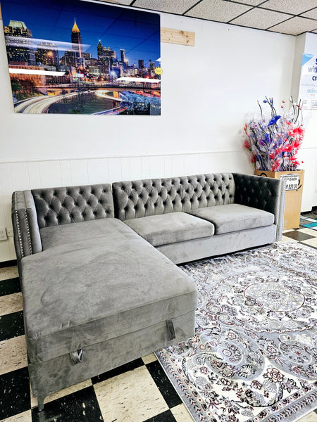 2PC Button Tufted Sectional w/Storage - GREY