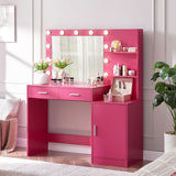 Vanity Desk with Mirror and Lights, 46.4 IN Dressing Table with 2 Large Drawer & Large Vertical Organizer, 3 Level Dresser & 3 Lighting Modes Adjustable Brightness, Suitable for Bedroom(Rose Pink) W2386P475280 - FREE SHIPPING