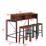 Brown 59 inch bar table, dining table, sofa table with power socket and LED light, 3 saddle stools, 4-piece bar table and chairs set for living room, dining room and kitchen,W2972P313231 - FREE SHIPPING!