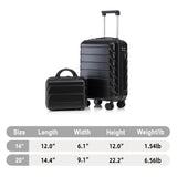 Black 2PC Luggage ABS Spinner Wheel Set with Combination Lock - 14" & 20" Cosmetic Case (Black)